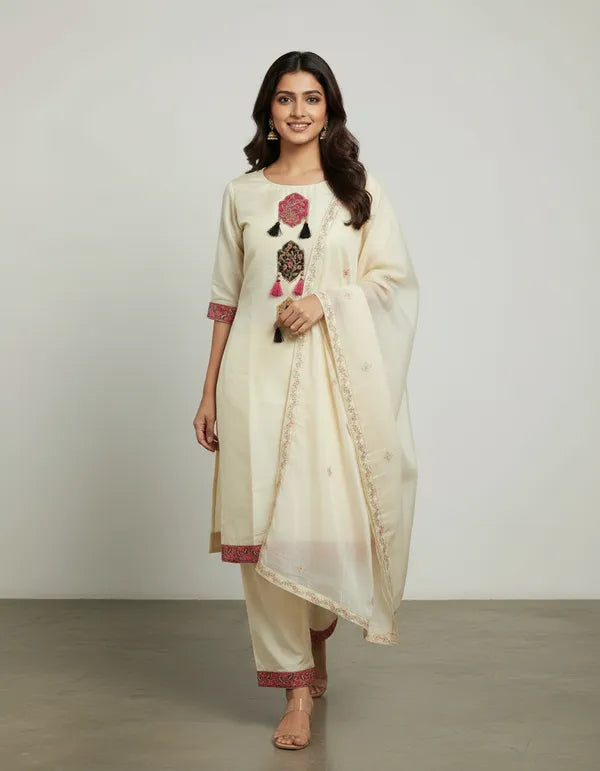 Cream Cotton And Rayon Embroidered Kurta Set With Dupatta For Women