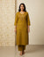 Mustard Cotton Straight Embroidered Cord Set For Women