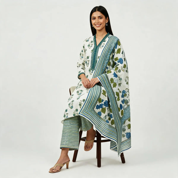 Off White Cotton And Rayon Block Print Kurta Set With Dupatta For Women