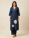 Navy Blue Cotton Straight Floral Embroidered Co-Ords-Set For Women