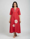Red Cotton Floral Embroidered Co-Ords Set For Women