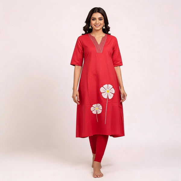 Red Cotton Floral Embroidered Co-Ords Set For Women