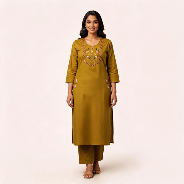 Mustard Cotton Straight Embroidered Cord Set For Women