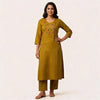 Mustard Cotton Straight Embroidered Cord Set For Women