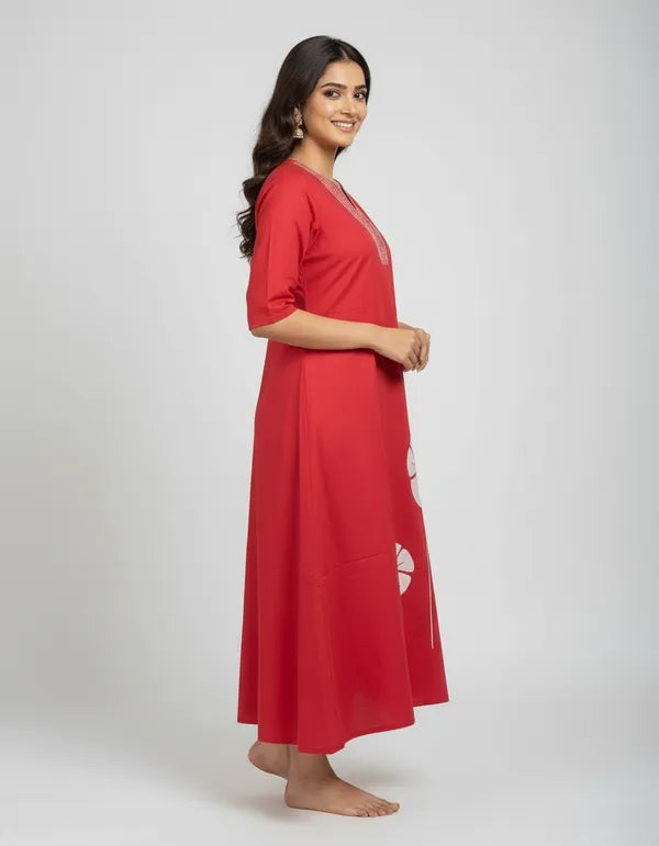 Red Cotton Floral Embroidered Co-Ords Set For Women