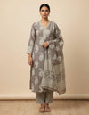 Grey Cotton And Rayon Block Print Kurta Set With Dupatta For Women