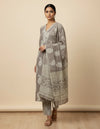 Grey Cotton And Rayon Block Print Kurta Set With Dupatta For Women