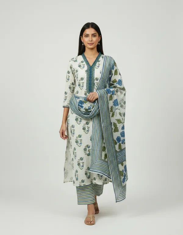 Off White Cotton And Rayon Block Print Kurta Set With Dupatta For Women