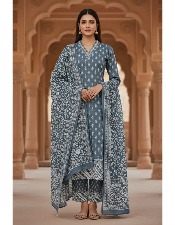 Sky Blue Cotton And Rayon Block Print Kurta Set With Dupatta For Women