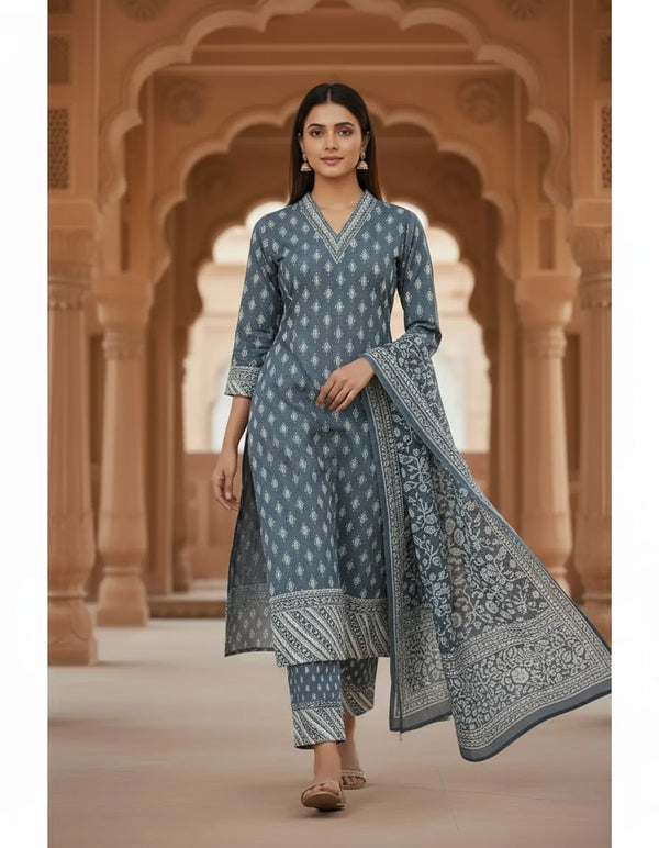 Sky Blue Cotton And Rayon Block Print Kurta Set With Dupatta For Women