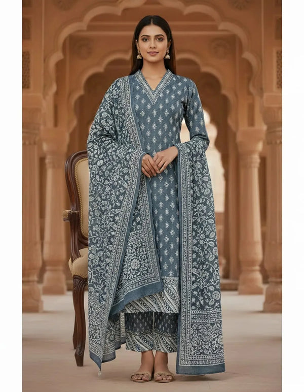 Sky Blue Cotton And Rayon Block Print Kurta Set With Dupatta For Women
