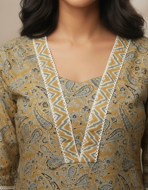 Yellow Cotton Straight Floral Embroidered Cord Set For Women