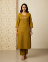 Mustard Cotton Straight Embroidered Cord Set For Women