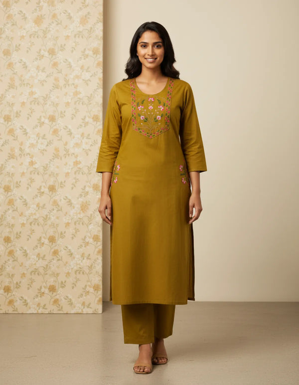Mustard Cotton Straight Embroidered Cord Set For Women
