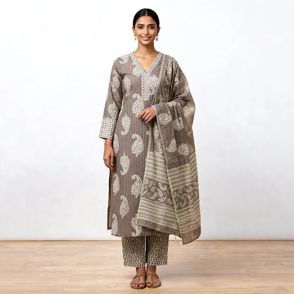 Grey Cotton And Rayon Block Print Kurta Set With Dupatta For Women