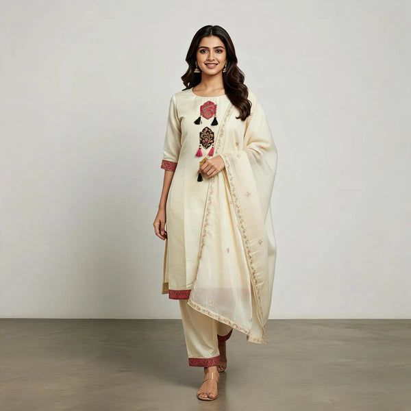 Cream Cotton And Rayon Embroidered Kurta Set With Dupatta For Women