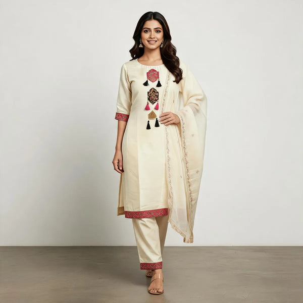 Cream Cotton And Rayon Embroidered Kurta Set With Dupatta For Women