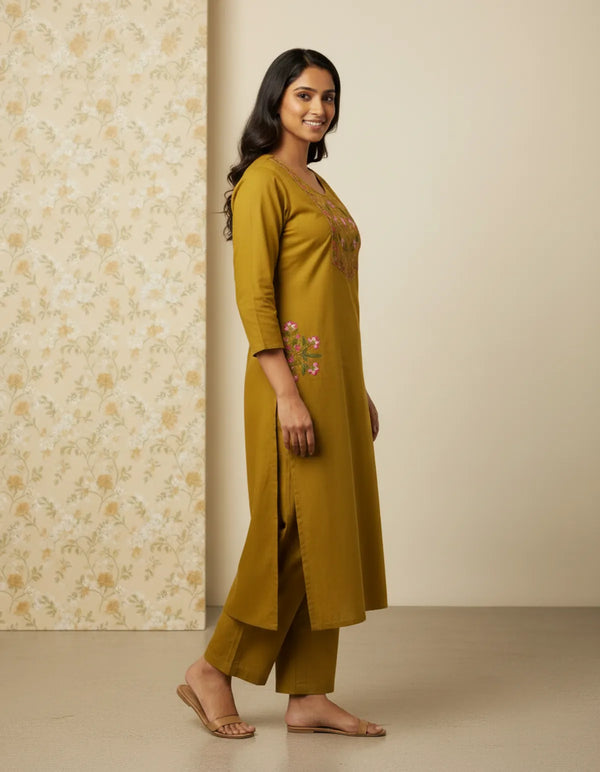 Mustard Cotton Straight Embroidered Cord Set For Women