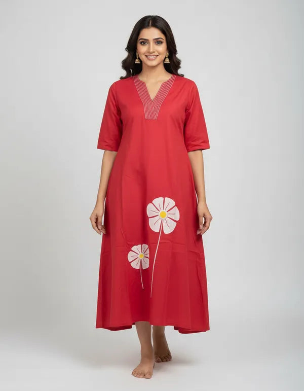 Red Cotton Floral Embroidered Co-Ords Set For Women