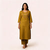 Mustard Cotton Straight Embroidered Cord Set For Women