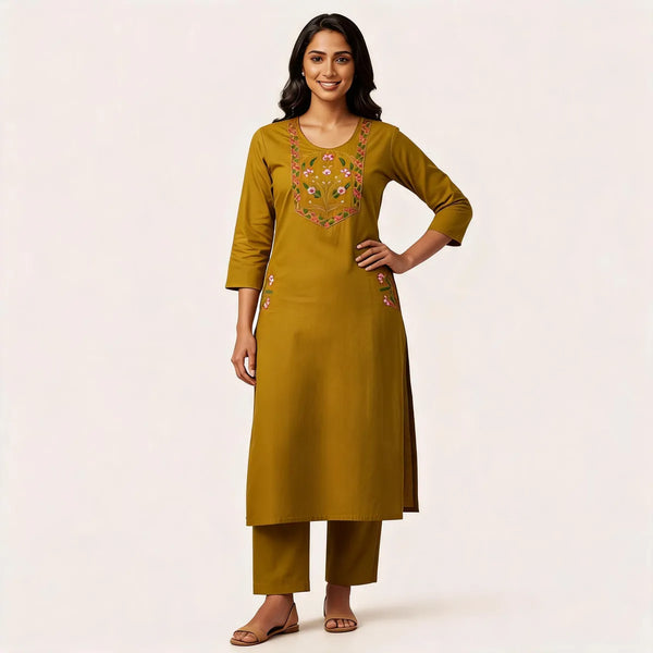 Mustard Cotton Straight Embroidered Cord Set For Women