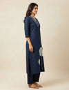 Navy Blue Cotton Straight Floral Embroidered Co-Ords-Set For Women