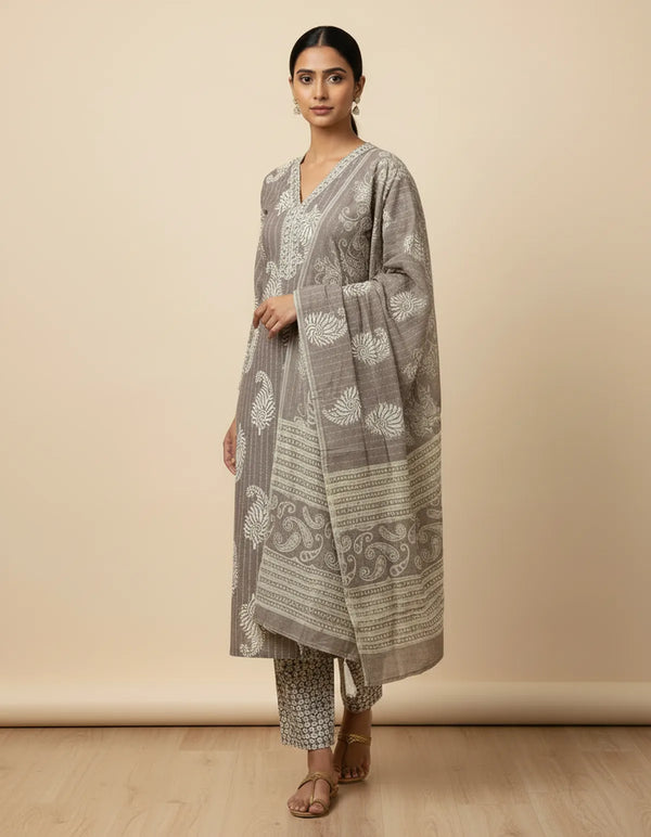 Grey Cotton And Rayon Block Print Kurta Set With Dupatta For Women