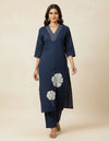 Navy Blue Cotton Straight Floral Embroidered Co-Ords-Set For Women