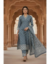 Sky Blue Cotton And Rayon Block Print Kurta Set With Dupatta For Women