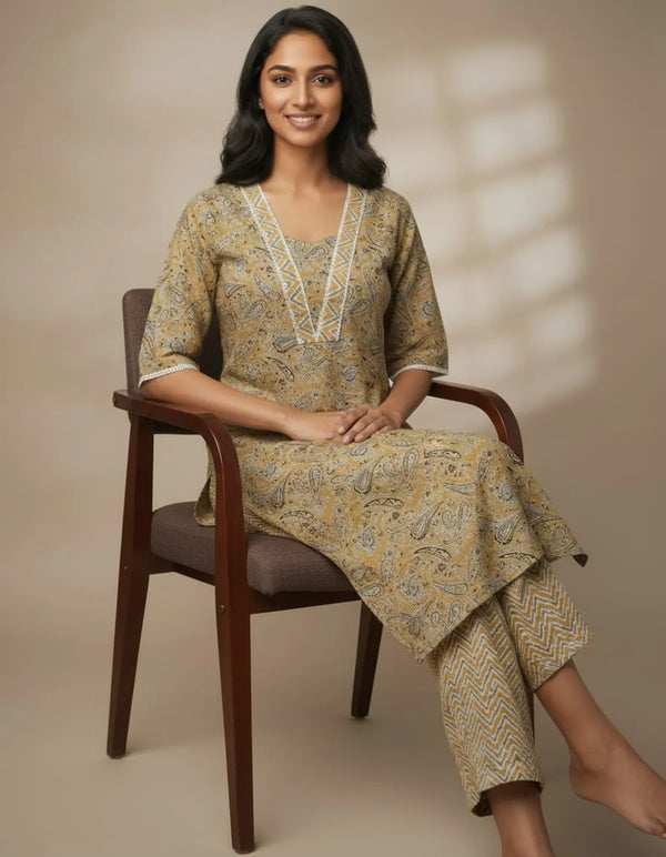 Yellow Cotton Straight Floral Embroidered Cord Set For Women